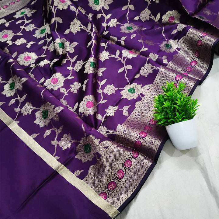 Purple Floral Meenakari Satin Silk Banarasi Dupatta