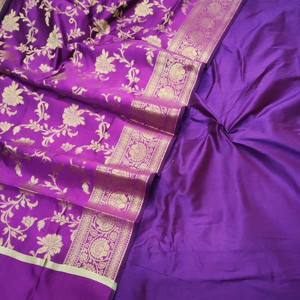 Purple Plain Banarasi Silk Suit With Magenta Dupatta
