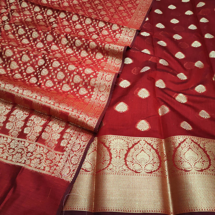 Red Banarasi Silk Suit With Buti Dupatta
