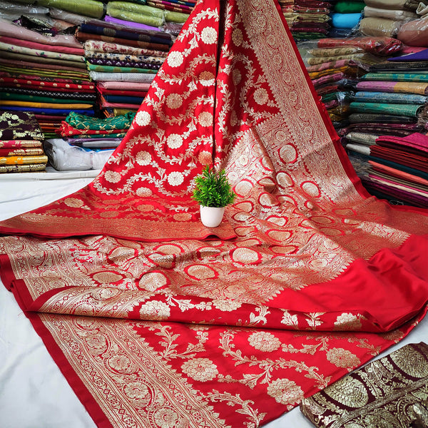 Red Bridal Handloom Katan Silk Banarasi Saree