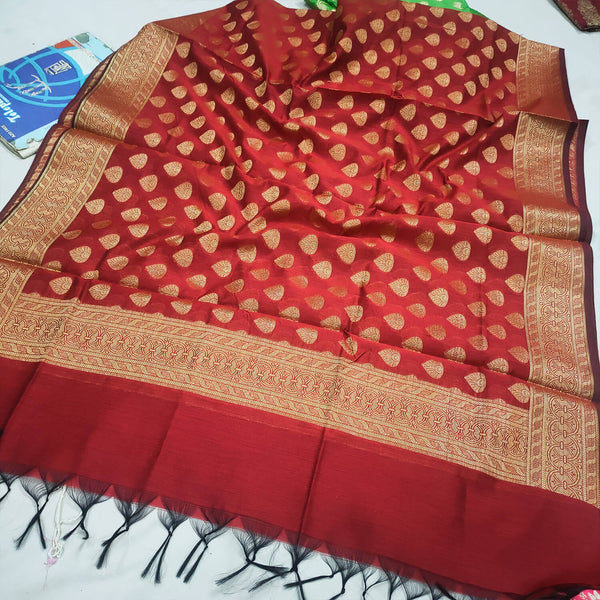 Red Buti Pattern Satin Silk Banarasi Dupatta