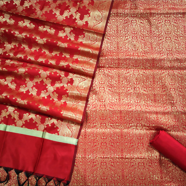 Red Dhaniya Party Satin Banarasi Suit