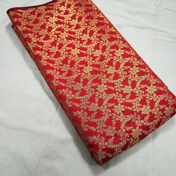Red Floral Zari Work Satin Silk Fabric