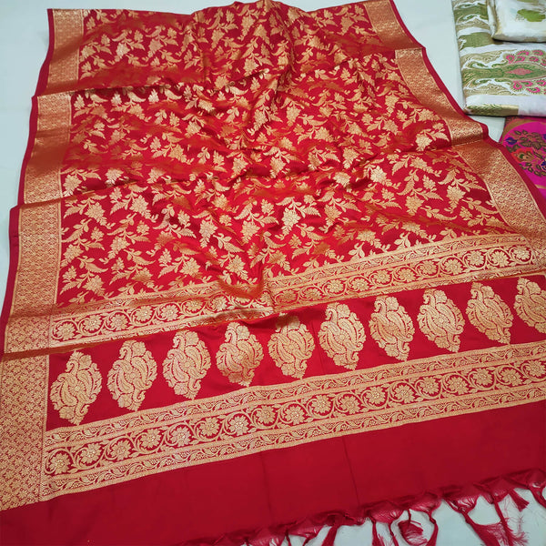 Red Golden Zari Katan Silk Banarasi Dupatta