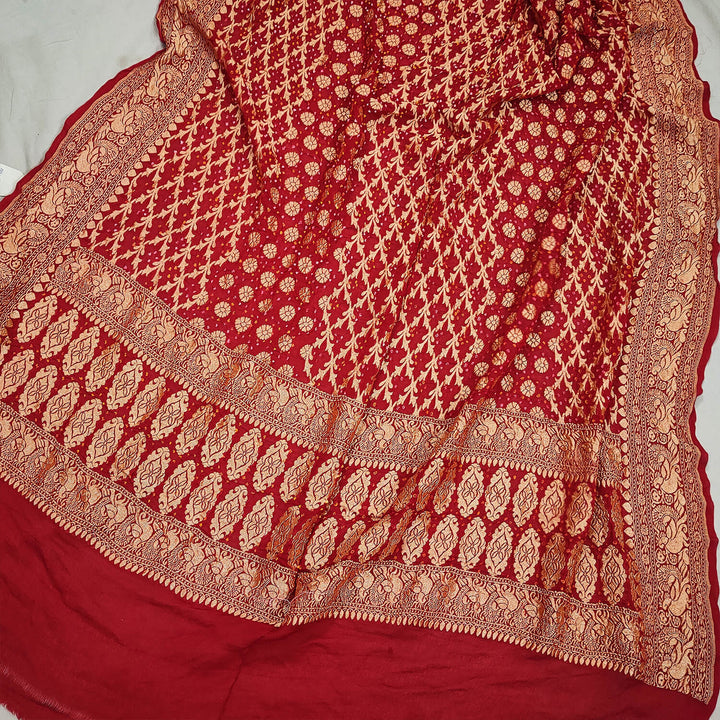 Red Handloom Bandhej Georgette Banarasi Dupatta