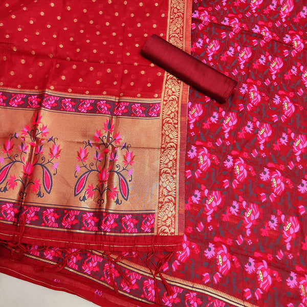 Red Jamdani Pink Meenakari Satin Silk Banarasi Suit
