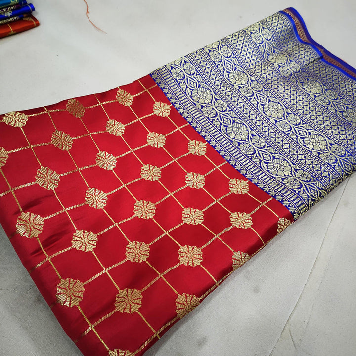 Red Off Lahenga Pattern Katan Silk Fabric