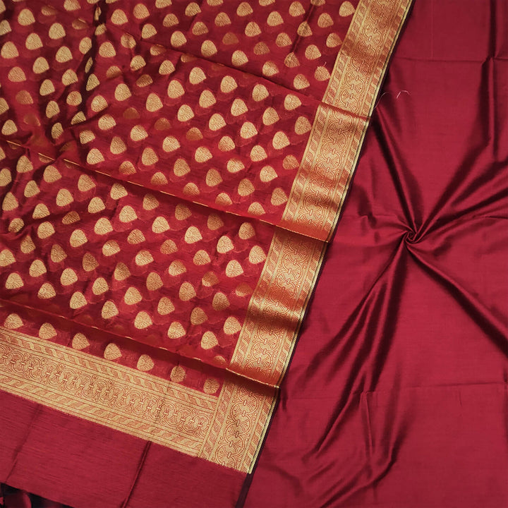 Red Plain Banarasi Silk Suit With Buti Dupatta