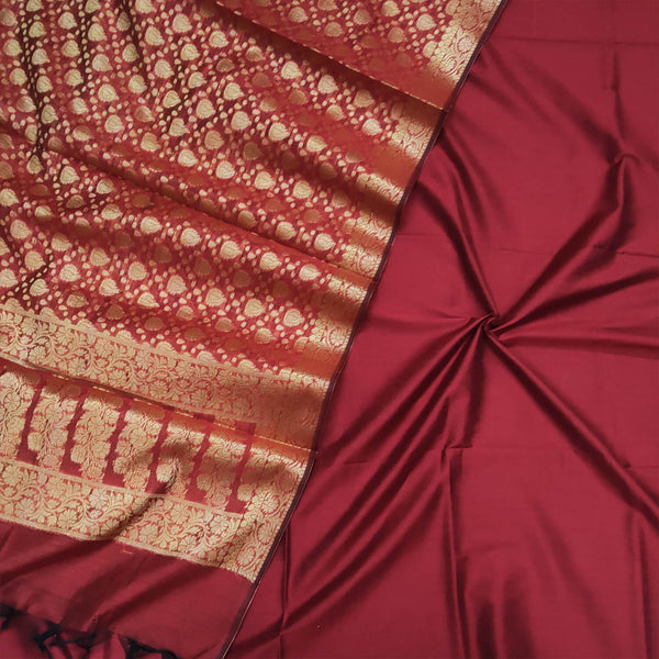 Red Plain Banarasi Silk Suit With Zari Dupatta
