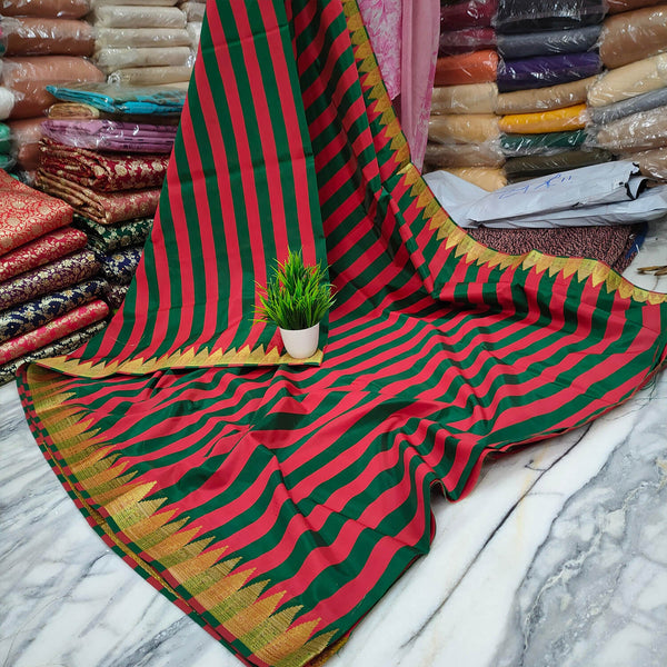 Red and Bottle Green Stripe Satin Banarasi Saree