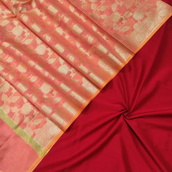 Red and Peach Plain Contrass Banarasi Silk Suit