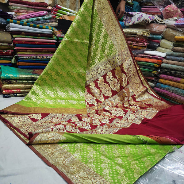 Red and Pista Green Handloom Crepe Banarasi Saree