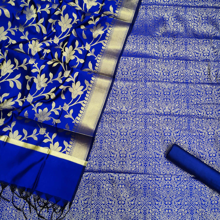 Royal Blue Dhaniya Satin Silk Banarasi Suit