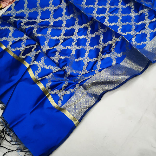 Royal Blue Golden Zari Satin Silk Banarasi Dupatta