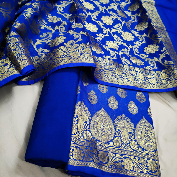 Royal Blue Golden Zari Satin Silk Banarasi Suit