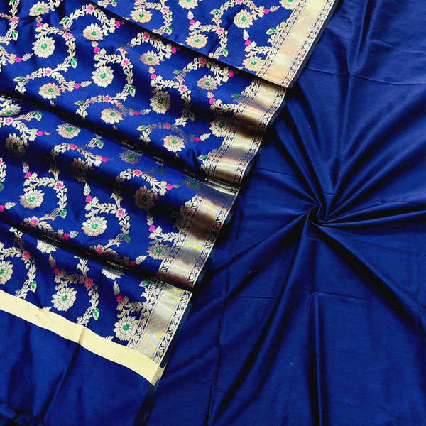 Royal Blue Plain Banarasi Silk Suit With Satin Dupatta
