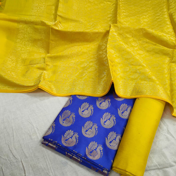 Royal Blue and Yellow Contrass Satin Silk Banarasi Suit