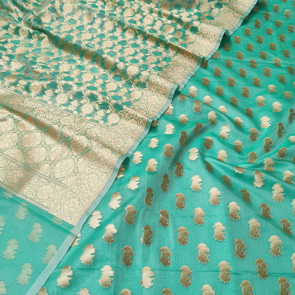 Sea Green Golden Zari Organza Silk Banarasi Suit