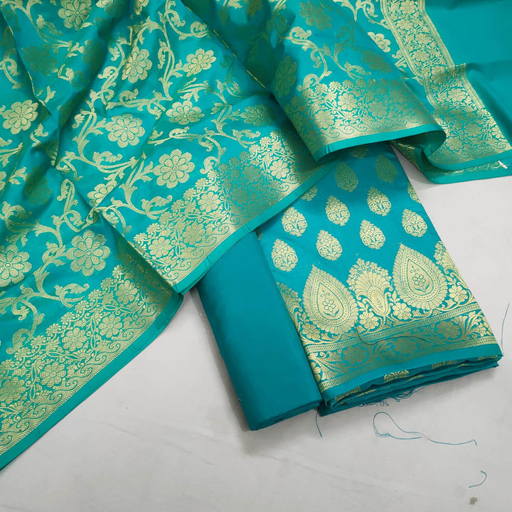 Sea Green Golden Zari Satin Silk Banarasi Suit