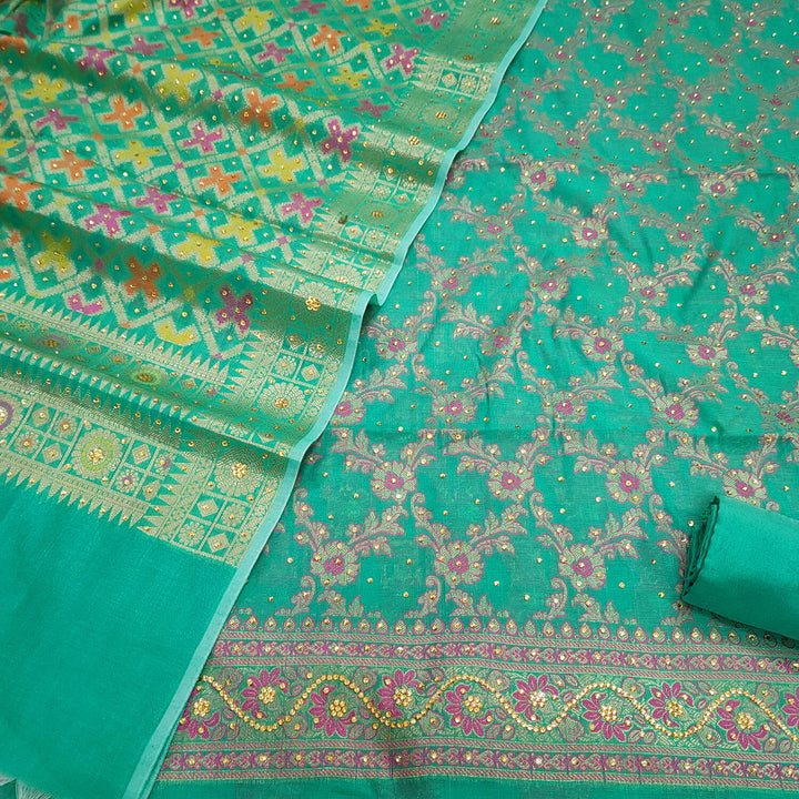 Sea Green Pink Meena Stone Work Banarasi Silk Suit