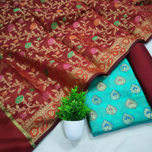 Sea Green and Maroon Contrass Banarasi Silk Suit