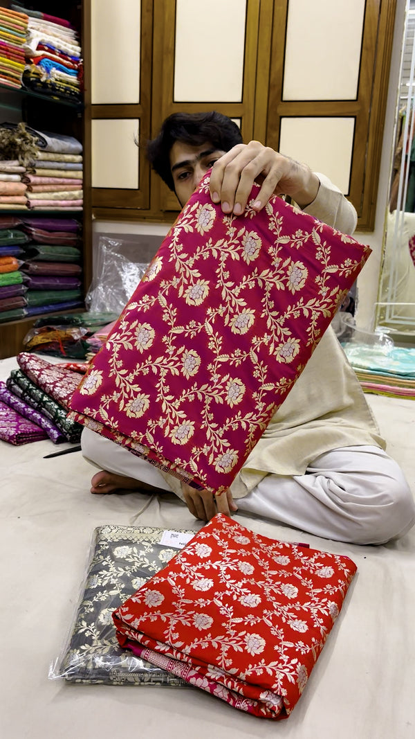 Pink and Purple Maharani Jaal Crepe Silk Banarasi Saree