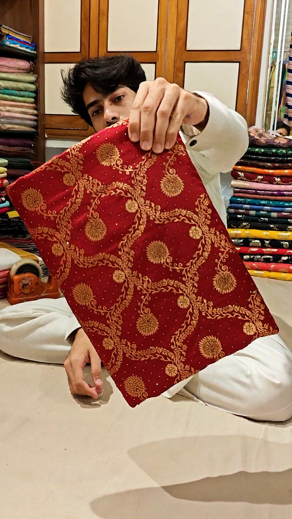 Maroon Kateli Jaal Stone Katan Silk Banarasi Saree