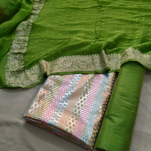Silver and Green Shimmer Silk Suit With Chiffon Dupatta