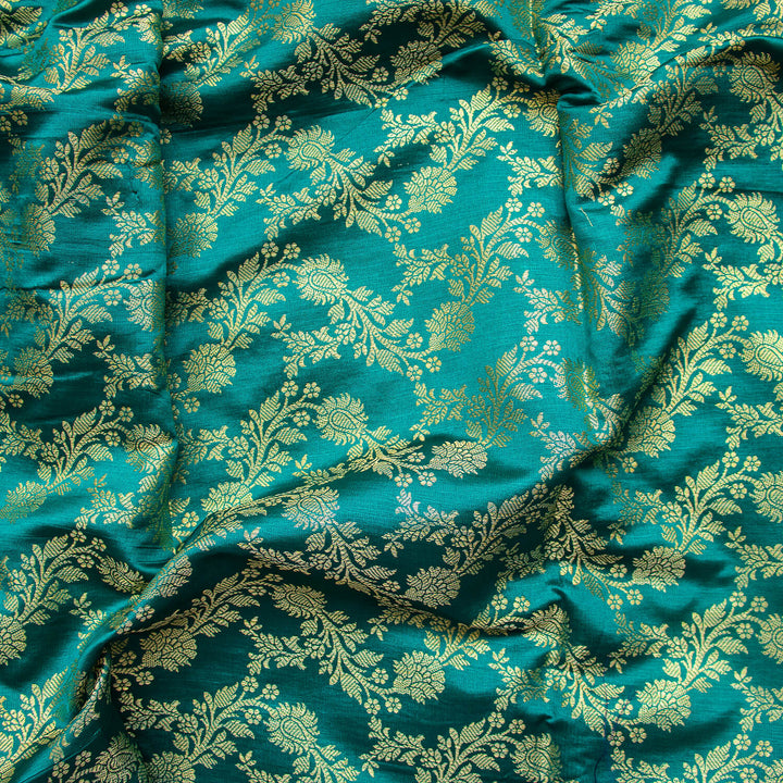 Teal Stripe Golden Zari Satin Silk Fabric