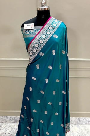 Teal Rose Buti Katan Silk Banarasi Saree