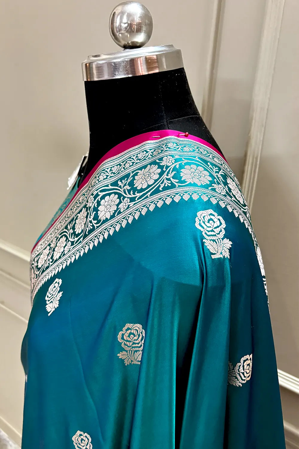 Teal Rose Buti Katan Silk Banarasi Saree