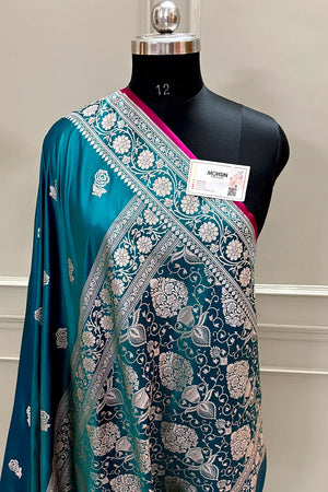 Teal Rose Buti Katan Silk Banarasi Saree