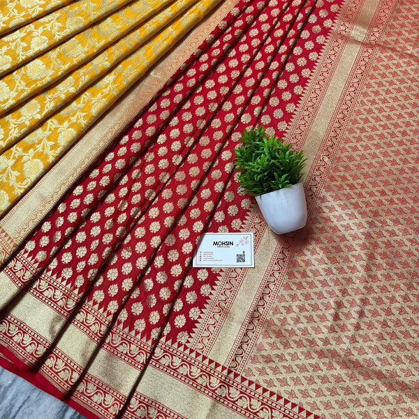 Red and Yellow Handloom Crepe Banarasi Saree