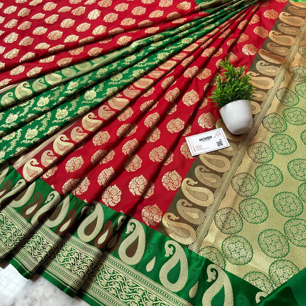Red and Green Patli Handloom Katan Banarasi Saree