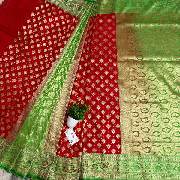 Green and Red Contrass Katan Silk Banarasi Saree