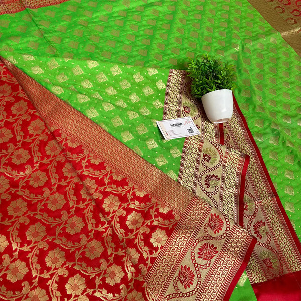Red and Green Contrass Katan Silk Banarasi Saree