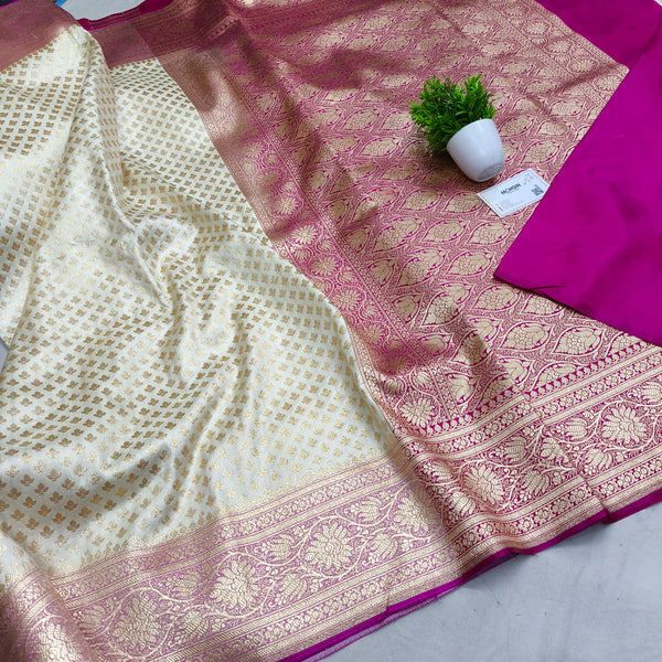 White and Pink Golden Zari Katan Silk Banarasi Saree