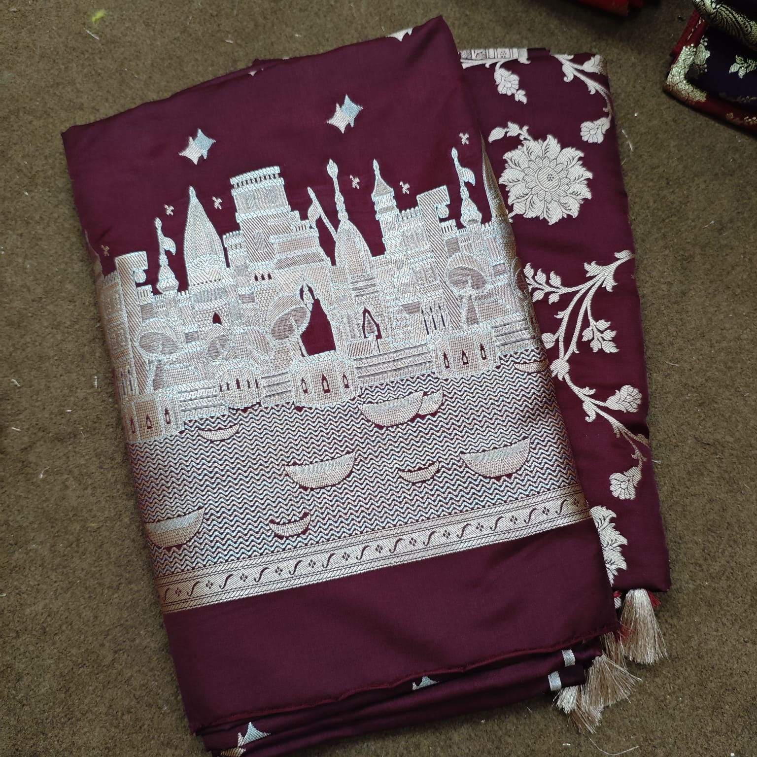 Wine Ganga Ghat Katan Silk Banarasi Suit