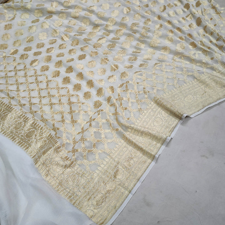 White Dyeable Handloom Georgette Banarasi Dupatta