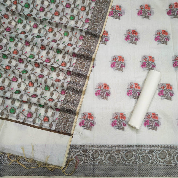 White Meenakari Copper Zari Banarasi Silk Suit