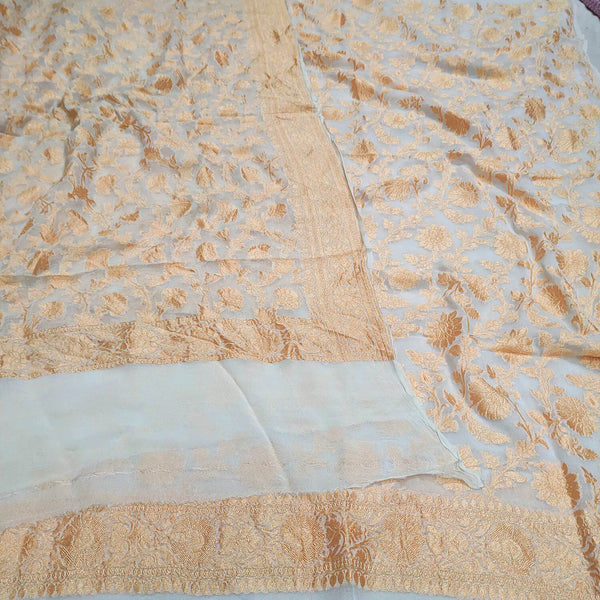 White Rose Golden Zari Georgette Silk Banarasi Suit