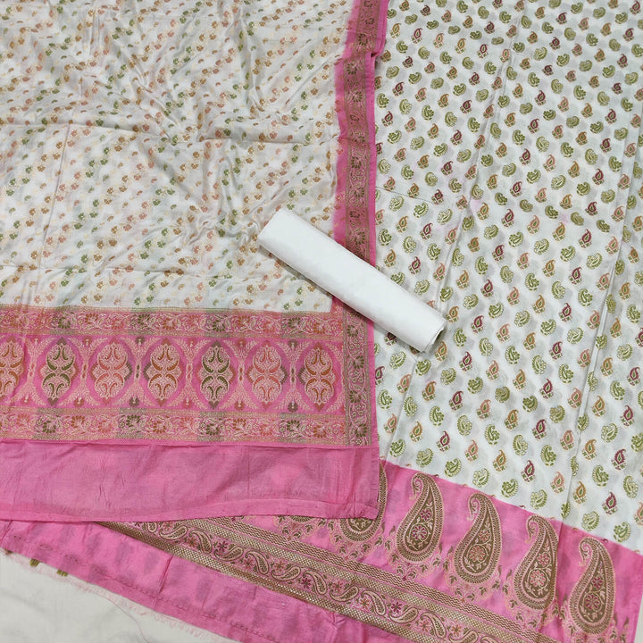 White and Baby Pink Contrass Katan Silk Banarasi Suit