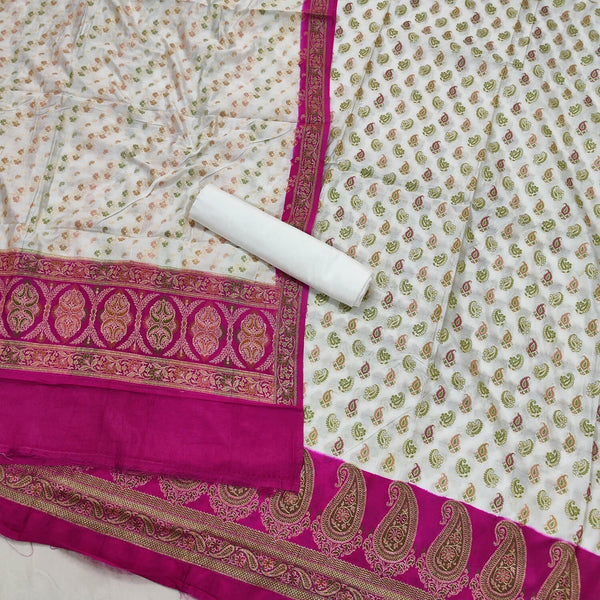White and Pink Contrass Katan Silk Banarasi Suit