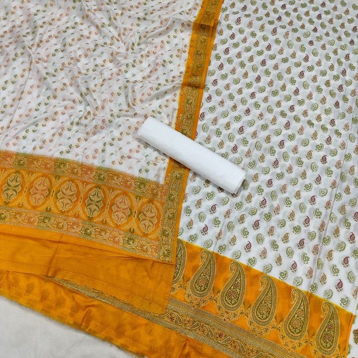 White and Yellow Contrass Katan Silk Banarasi Suit