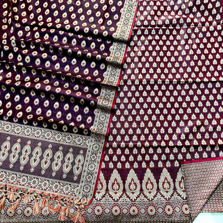 Wine Resham Zari Banarasi Cotton Silk Salwar Suit