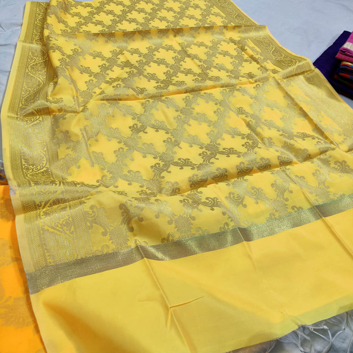 Yellow Golden Zari Satin Silk Banarasi Dupatta