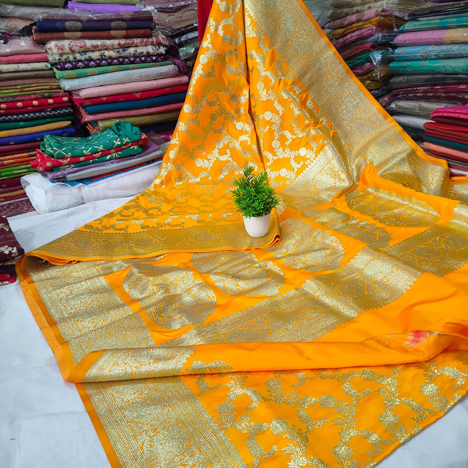 Meena Woven Silk- A Timeless Tradition in Yellow Banarasi Sarees – YNF