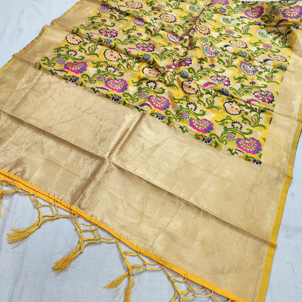 Yellow Meenakari Floral Satin Silk Banarasi Dupatta