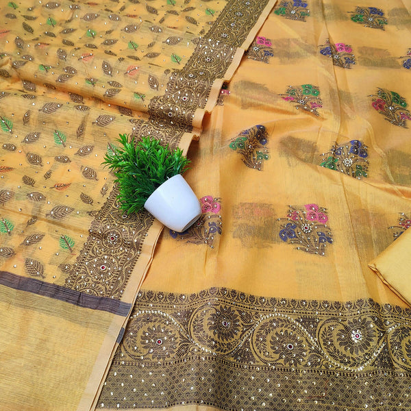 Yellow Meenakari Stone Work Banarasi Silk Suit