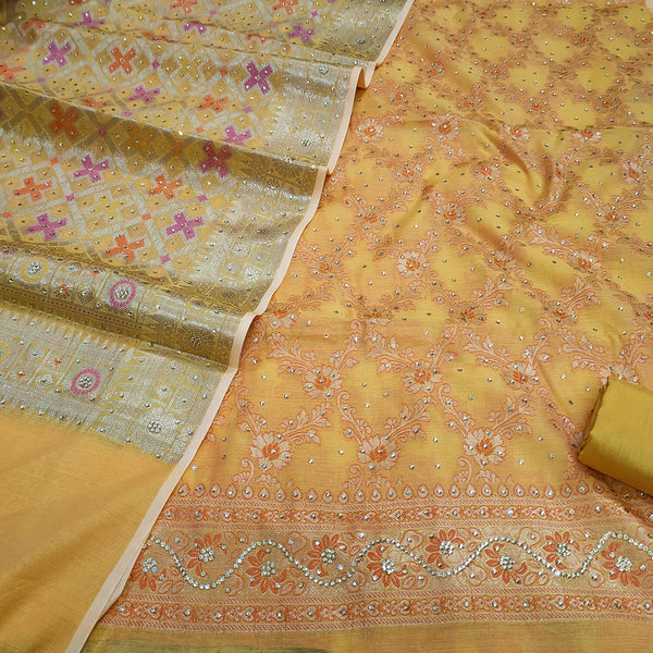 Yellow Orange Meenakari Stone Work Banarasi Silk Suit